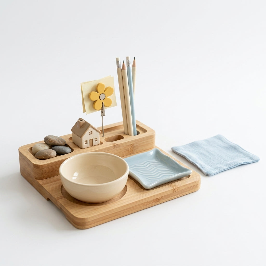 Kaslluay™ Bamboo and Ceramic Desk Organizer Set - Aesthetic Nesting Pencil Holder & Accessory Trays for Home Office Decor, Cute Desktop Caddy for Pens, Paperclips, Sticky Notes, and Jewelry
